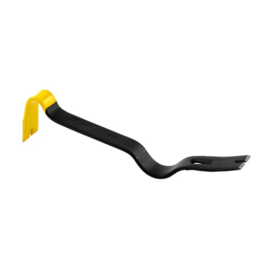 STANLEY 1-55-525 curved claw bar with black body and yellow end, shown on white background, side angle.