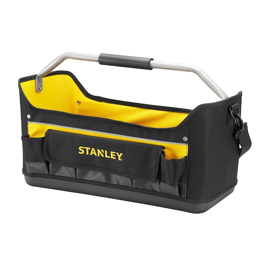 Stanley open tool tote in black and yellow with metal handle and front pocket for organizing tools.