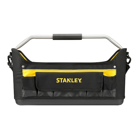 STANLEY 1-70-319 tool tote bag, black and yellow fabric, front view with metal handle.