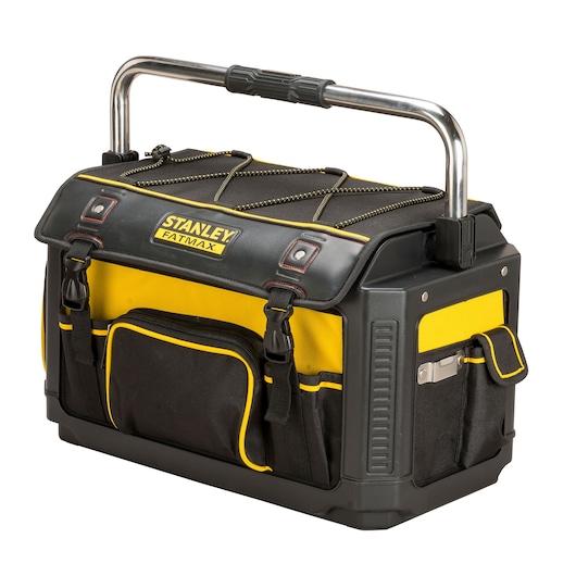 STANLEY 1-79-213 tool bag with hard base, yellow and black, front angle on white background.