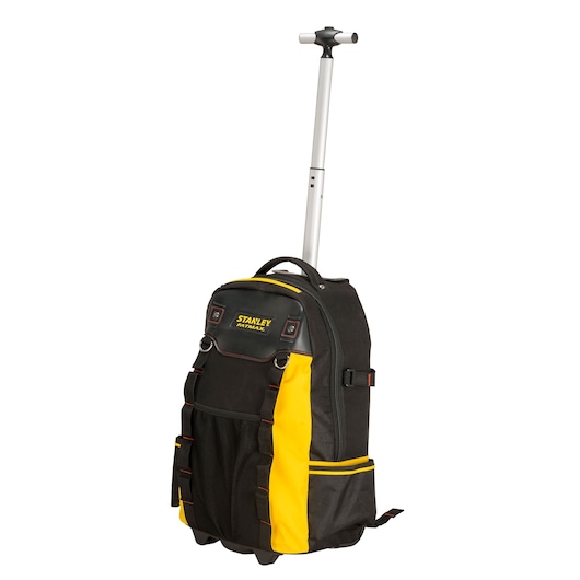 Stanley black and yellow rolling tool backpack with extendable handle, front pockets and durable fabric.