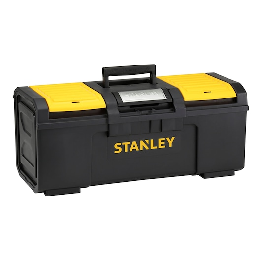 Black and yellow Stanley toolbox with handle, secure latch, and logo on the front.
