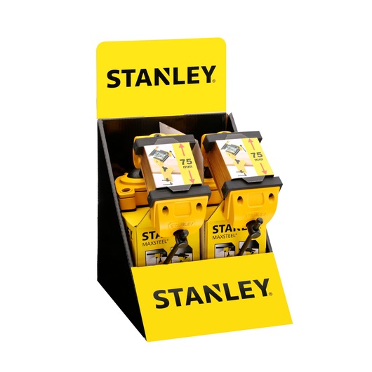 Photo of STANLEY 1-83-069 clamp display box, yellow and black, product packaging front angle.