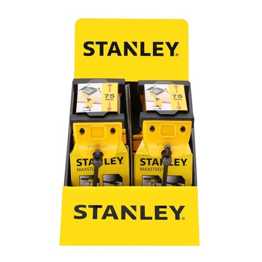 STANLEY 1-83-069 MaxSteel clamp display front angle, yellow and black clamp packaging.
