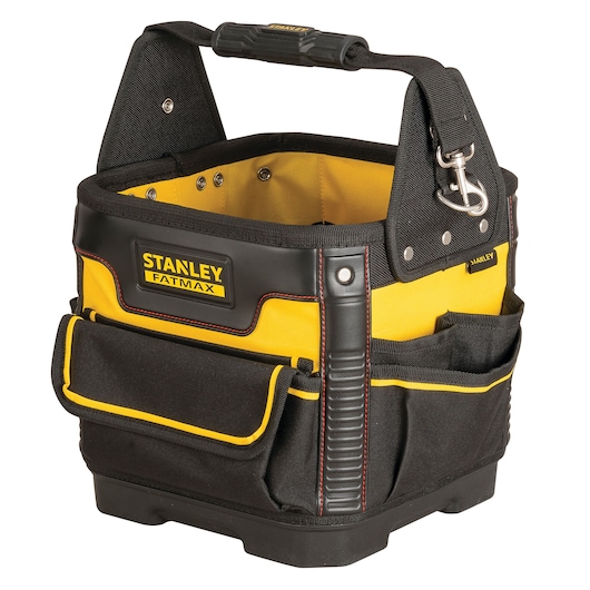 STANLEY 1-93-952 tool tote bag, yellow and black, front angle, reinforced handle, multiple pockets.
