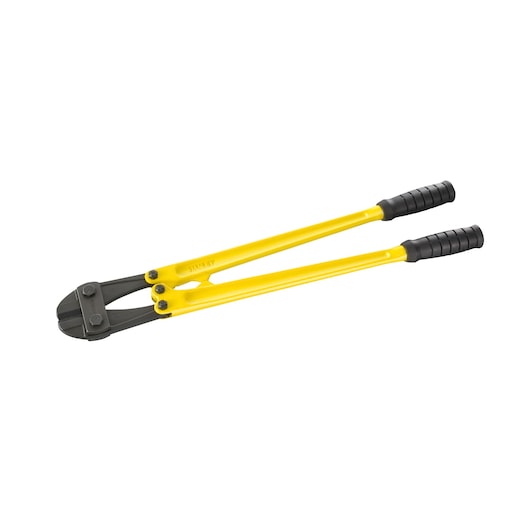 Yellow-handled bolt cutter tool with black grips, suitable for cutting metal rods and wires.