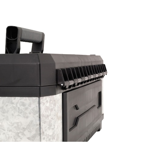 Photo of STANLEY 1-95-618 toolbox, metal and black plastic, shown from side angle.