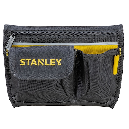 STANLEY 1-96-179 black fabric tool pouch with multiple pockets, front view, yellow accents.