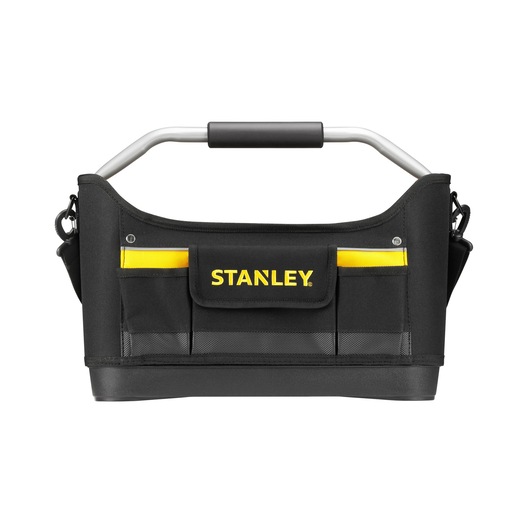 STANLEY 1-96-182 black and yellow open tool bag with handle, photographed from the front on white background.