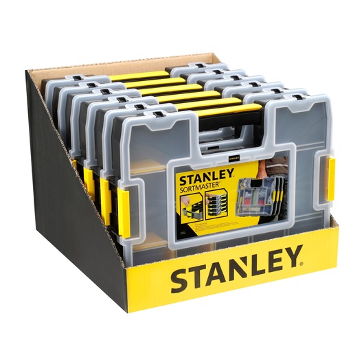 STANLEY 1-97-483 SortMaster organizer cases in yellow display tray, front angle photo.