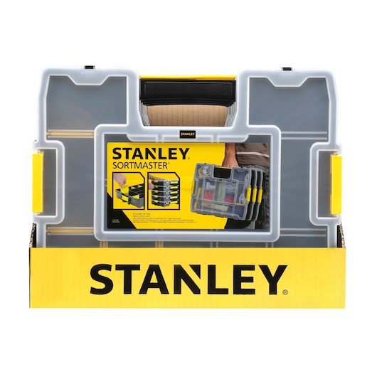 Stanley 1-97-483 SortMaster organizer, gray and yellow, front angle, plastic storage case.
