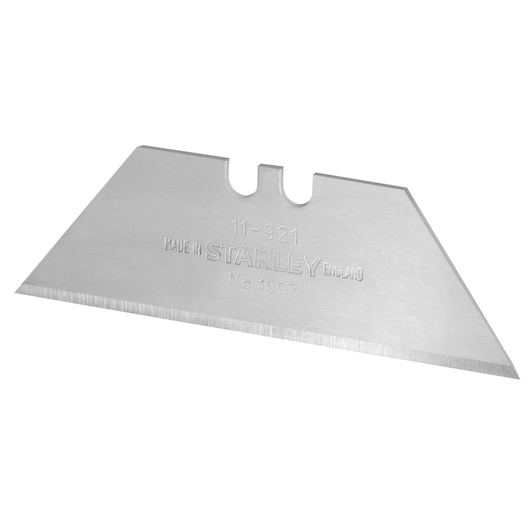 Stanley utility knife blade, silver, trapezoidal shape with sharp edge for cutting tasks.