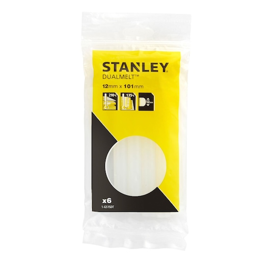 STANLEY 1-GS15DT glue sticks, 12mm x 101mm, pack of 6, front angle on white background.