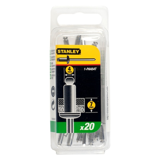 STANLEY 1-PAA54T aluminum blind rivets, 4mm x 7mm, 20-pack, product packaging front angle on white.