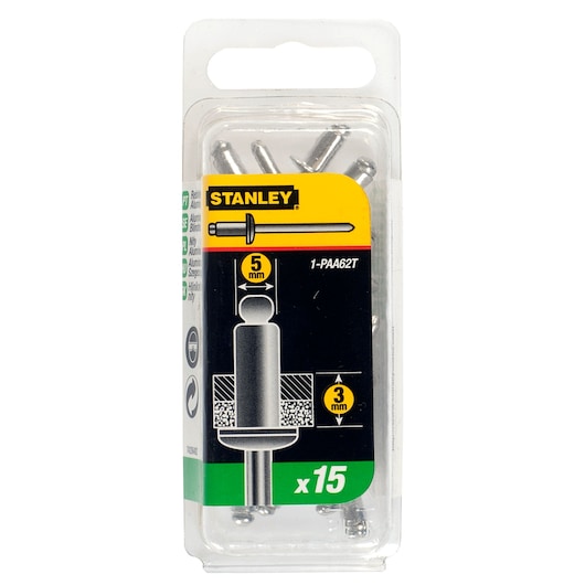 Photo of STANLEY 1-PAA62T aluminum rivets pack, 5mm x 3mm, 15 pieces, front view on white background.