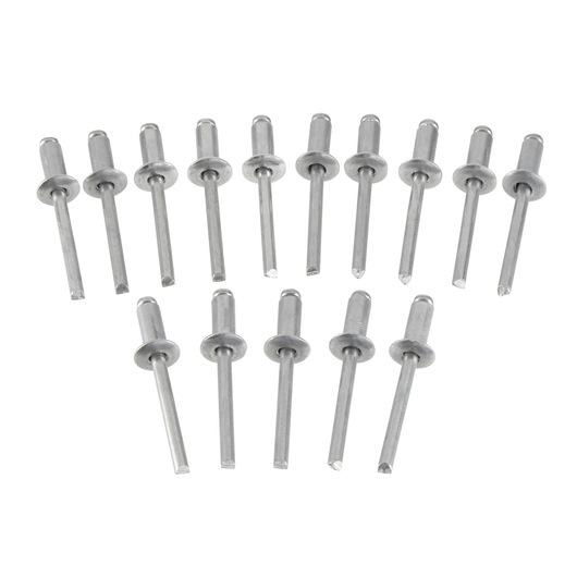 Set of fourteen silver metal pop rivets arranged in two rows on a white background.
