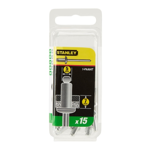 STANLEY 1-PAA64T photography, front view of 15-pack silver rivets in clear plastic packaging.