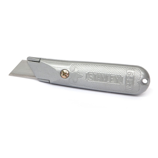 STANLEY 2-10-199 silver utility knife with textured grip, side view on white background.