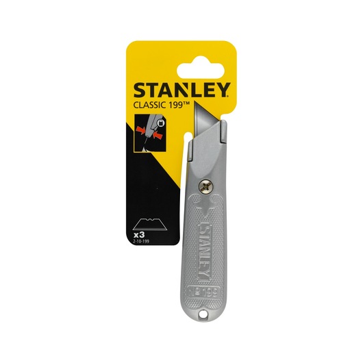 STANLEY 2-10-199 classic utility knife, silver metal handle, front view, packaging with yellow and black card.