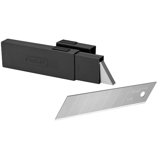 STANLEY 2-11-725 snap-off utility knife blades with black plastic dispenser, side angle.