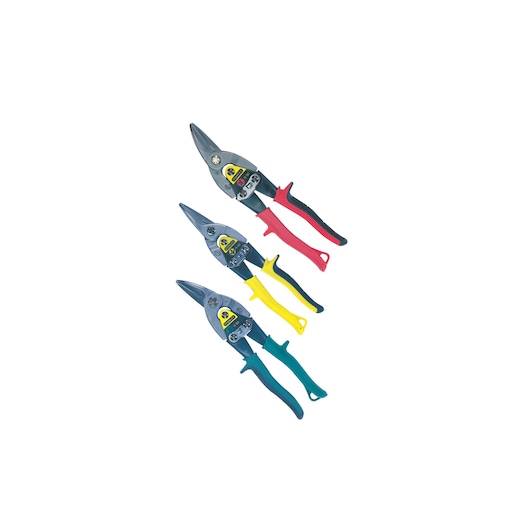 STANLEY 2-14-563 aviation snips set with red, yellow, and green handles on white background.