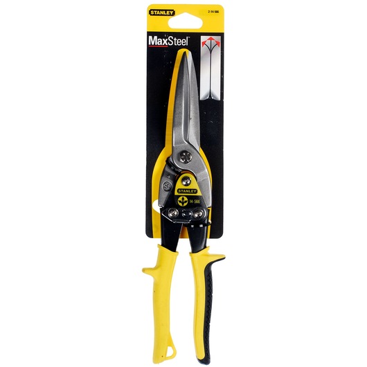 STANLEY 2-14-566 aviation snips with yellow and black handles, front view on white background in packaging.