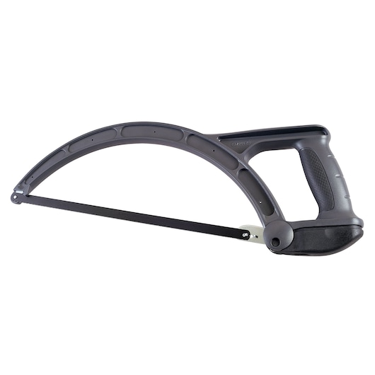 Photo of STANLEY 2-15-892 lightweight hacksaw with ergonomic black handle, side view on white background.