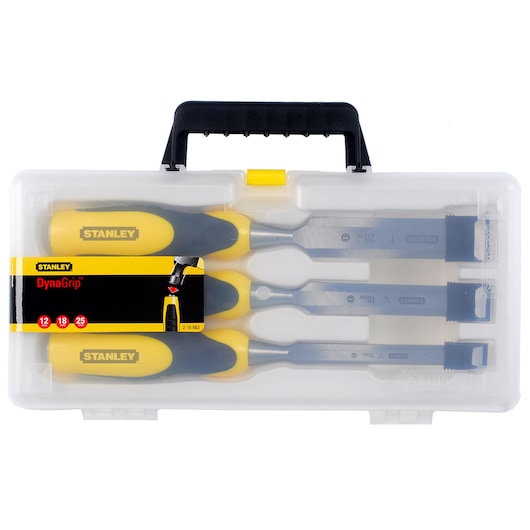 STANLEY 2-16-883 chisel set with yellow and black handles in clear plastic case, front angle.