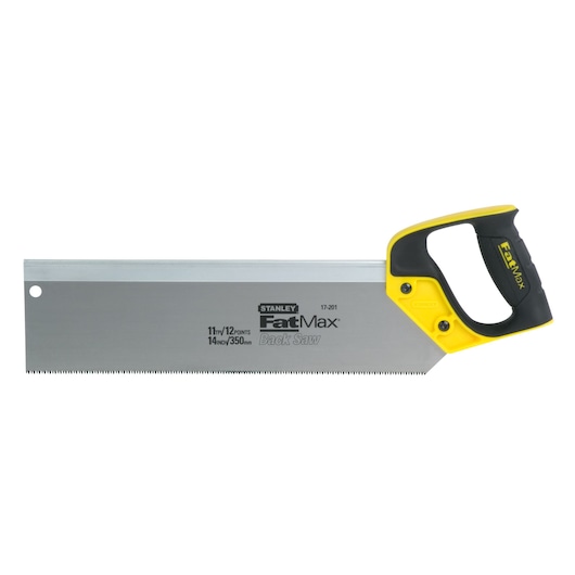 STANLEY 2-17-201 hand saw, FatMax backsaw with yellow and black handle, silver blade, side view on white.