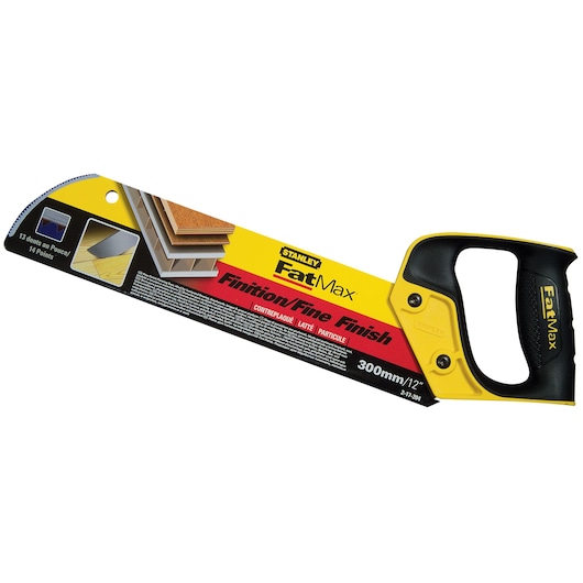 Stanley FatMax 2-17-204 fine finish hand saw, 300mm, yellow and black handle, side angle photo.