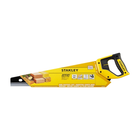 STANLEY 2-20-151 hand saw, yellow and black handle, JetCut 500mm 20in, side angle on white background.