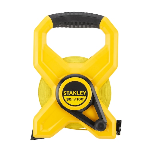STANLEY 34-791 open reel yellow and black fiberglass long tape measure front view.