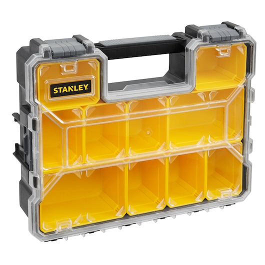 STANLEY 22910 organizer box with transparent lid, yellow compartments, front angle, white background.
