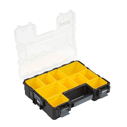 STANLEY 22910 organizer box, black case with yellow compartments and clear lid, front angle.