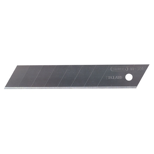 STANLEY 3-11-301 snap-off utility blade, silver, flat side view, segmented for breaking, white background.