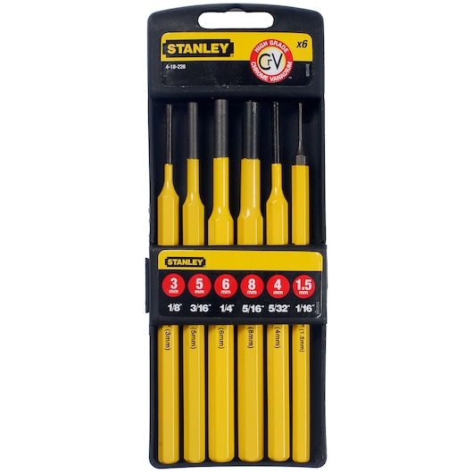 STANLEY 4-18-226 punch set, yellow and black, six pieces in assorted sizes, front view on white background.