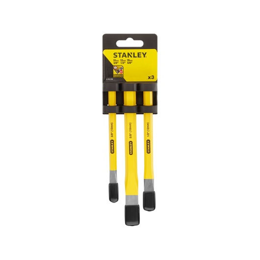 STANLEY 4-18-298 chisel set, three yellow and black chisels in retail packaging, front view, hand tool category.