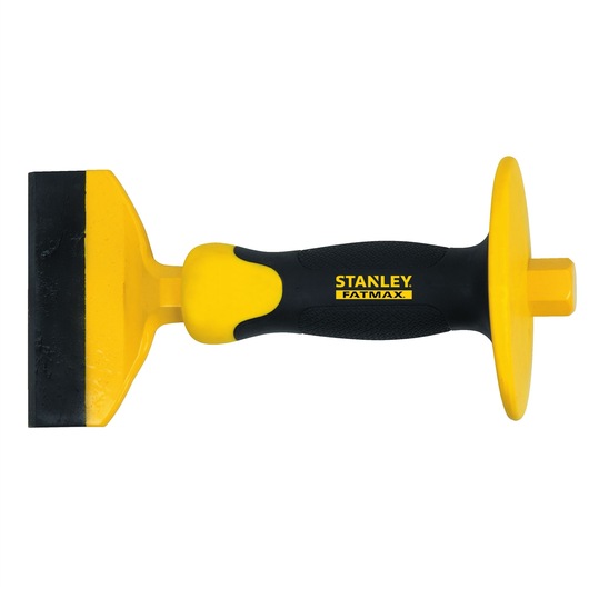Stanley FatMax hand tool with a yellow and black handle and a flat chisel blade, designed for heavy-duty tasks.