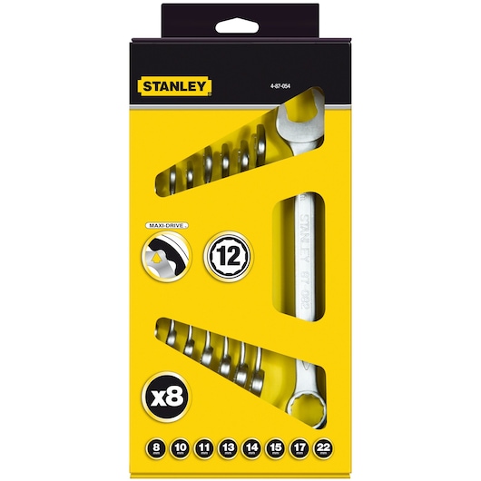 STANLEY 4-87-054 photography of 8-piece metric combination wrench set in yellow packaging, front angle.