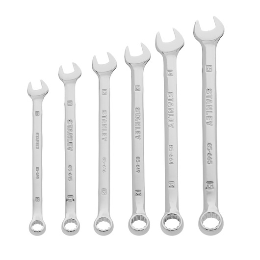 STANLEY 4-94-646 combination wrench set, six-piece chrome wrenches, front view on white background.