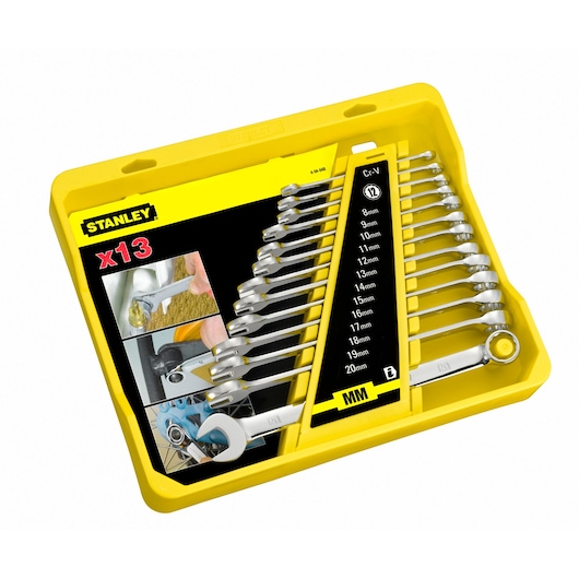 STANLEY 13-piece metric wrench set in a yellow tray, sizes 8-20mm, shown with usage examples.