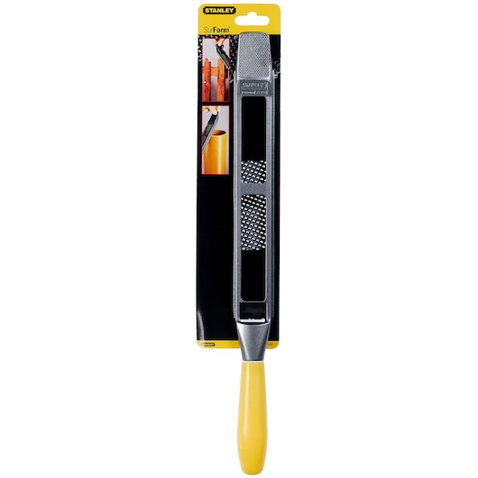 Photo of STANLEY 5-21-295 Surform file with yellow handle, front angle, in packaging.