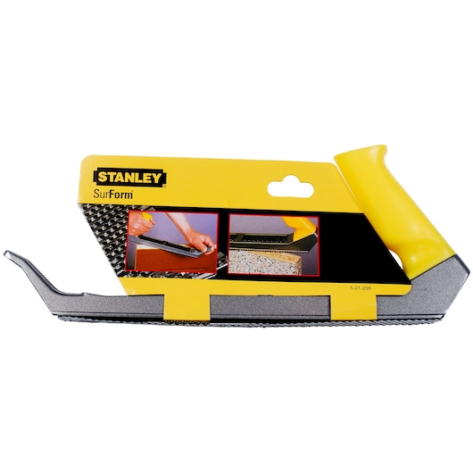 STANLEY 5-21-296 SurForm tool with yellow handle, side view on white background.