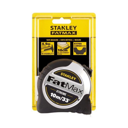 Stanley 5-33-896 FatMax tape measure, Xtreme 10m/33', front packaging photo on white background.