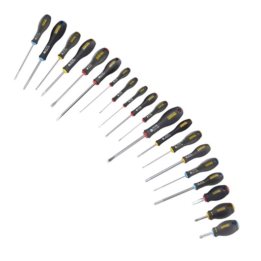Stanley screwdriver set with assorted sizes and types, black handles with colored tips, arranged diagonally.