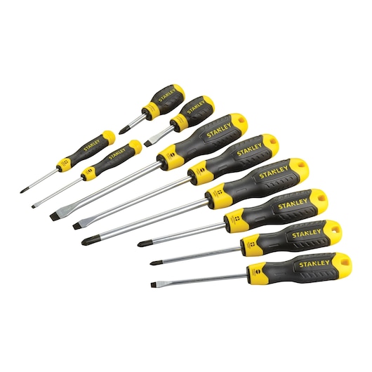 Stanley set of eight black and yellow screwdrivers with assorted flat and Phillips heads.