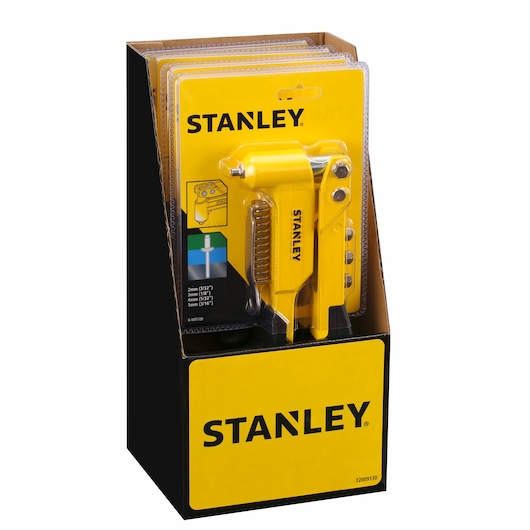 STANLEY 6-MR100 photography of yellow hand rivet tool display box, front angle, packaging visible.