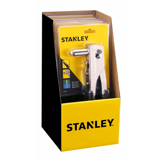 Display box containing packaged Stanley hand riveter tools, model 6-MR55, with yellow and black branding.