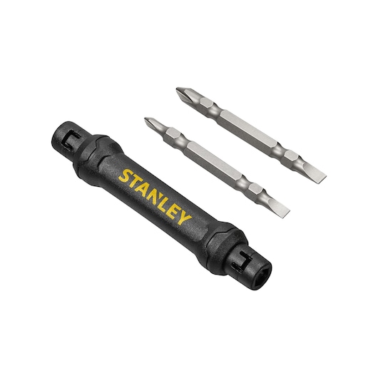 STANLEY 66-344M black double-ended screwdriver handle with two double-ended screwdriver bits, top view.