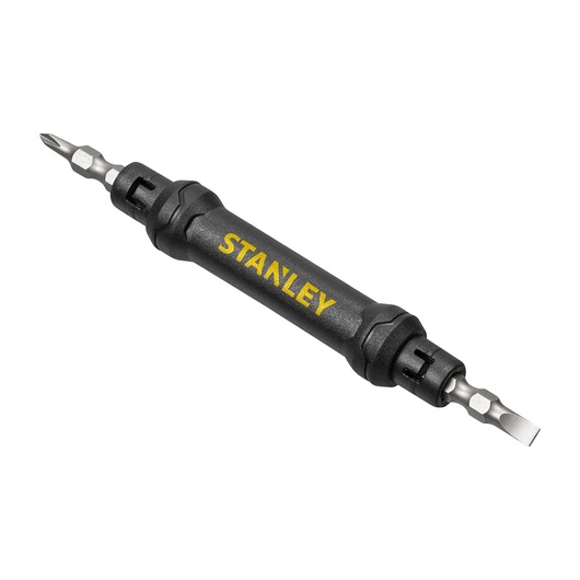 Photo of STANLEY 66-344M double-ended screwdriver on white background, black handle with yellow logo.